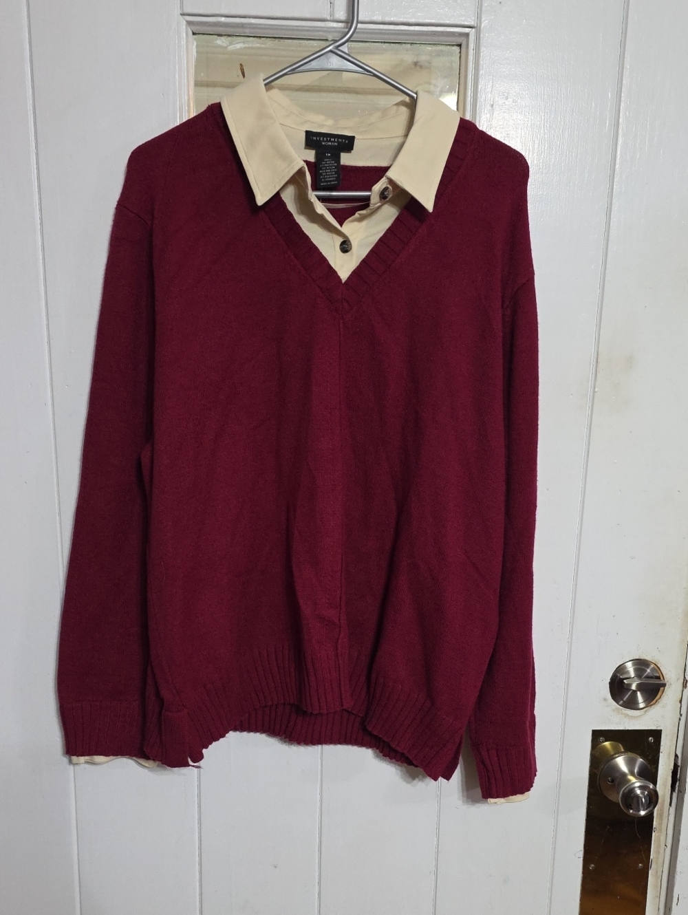 NWT Investment Woman V-Neck Burgundy Sweater W/Faux Layered Look Comfort Sz 1X